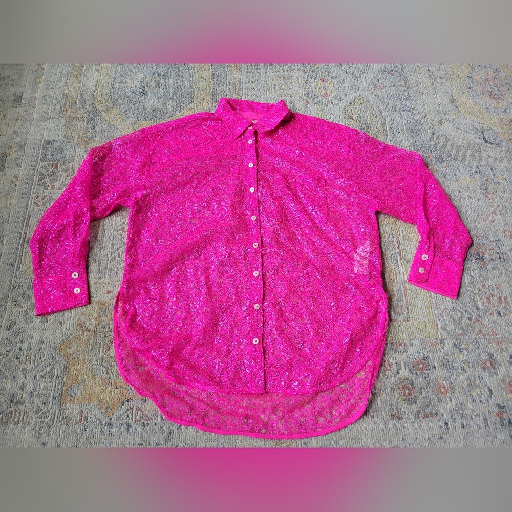 Anthropologie Hot Pink Button-Down Lace Shirt